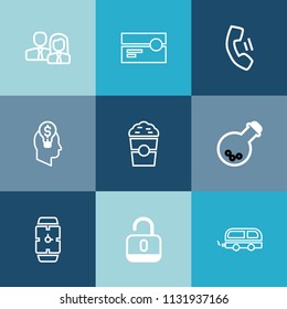 Modern, simple vector icon set on colorful blue backgrounds with cup, music, open, worker, security, group, people, equipment, cell, lock, medicine, clock, stereo, staff, bus, drink, team, tool icons