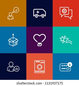 Modern, simple vector icon set on colorful flat backgrounds with accident, heart, appliance, website, online, city, rescue, management, cardboard, laundry, phone, business, social, car, medical icons