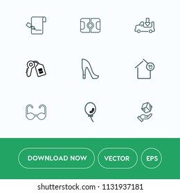 Modern, simple vector icon set on white background with shoe, grass, box, balloon, soccer, lorry, field, sign, air, paper, high, play, cargo, key, security, glasses, truck, pitch, pen, sun, door icons