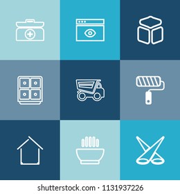 Modern, simple vector icon set on colorful blue backgrounds with cube, roll, page, aid, computer, spotlight, backdrop, building, hot, finance, estate, help, health, house, dump, tipper, vehicle icons