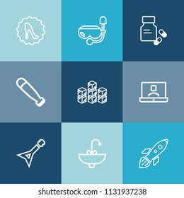 Modern, simple vector icon set on colorful blue backgrounds with wood, storehouse, faucet, science, beach, fashion, tap, sea, heel, circle, musical, distribution, technology, storage, guitar icons