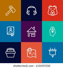 Modern, simple vector icon set on colorful flat backgrounds with grizzly, home, road, wild, repair, pliers, office, technology, travel, headphone, architecture, work, building, audio, equipment icons