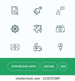Modern, simple vector icon set on white background with social, wheel, aircraft, pitch, flight, van, food, finance, chatting, zoom, sport, tool, antenna, currency, dessert, cash, sea, white, tv icons