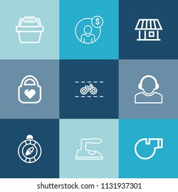 Modern, simple vector icon set on colorful blue backgrounds with financial, home, market, support, economy, compass, iron, building, money, center, bike, wheel, account, bag, house, referee, web icons