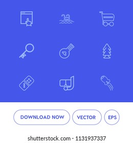 Modern, simple vector icon set on blue background with space, water, shop, vacation, music, string, beautiful, sea, technology, tree, key, white, swimming, sign, leisure, click, landscape, cart icons