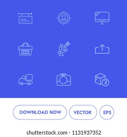 Modern, simple vector icon set on blue background with template, market, business, banner, advertisement, target, vehicle, space, sign, white, camera, web, group, shop, blank, internet, upload icons