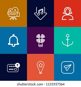 Modern, simple vector icon set on colorful flat backgrounds with lens, internet, beacon, audio, download, rudder, seamark, travel, message, communication, technology, money, cash, film, movie icons