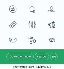 Modern, simple vector icon set on white background with film, sunrise, removal, nature, property, security, home, landscape, white, video, unlock, flight, school, cardboard, open, house, domino icons