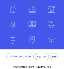 Modern, simple vector icon set on blue background with app, building, house, phone, bar, contact, food, estate, modern, setting, landscape, light, home, mobile, forest, pine, table, construction icons