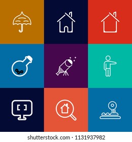 Modern, simple vector icon set on colorful flat backgrounds with science, safety, night, rain, astronomy, showing, home, search, building, laptop, house, technology, equipment, property, star icons