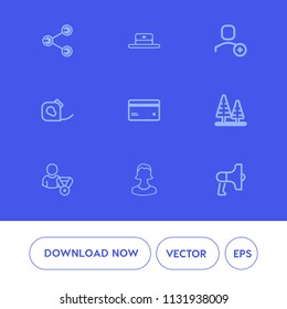 Modern, simple vector icon set on blue background with friction, card, electrical, sign, head, megaphone, landscape, tape, insulating, fashion, nature, delete, plastic, style, speaker, hat, tree icons