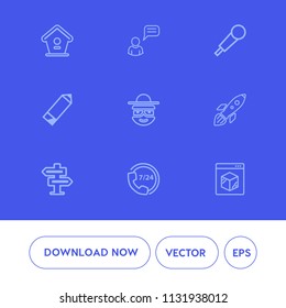 Modern, simple vector icon set on blue background with character, help, chat, communication, launch, mic, science, internet, hanger, tree, shuttle, operator, birdhouse, space, wooden, house, pen icons