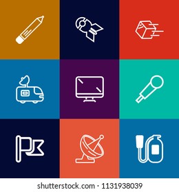 Modern, simple vector icon set on colorful flat backgrounds with war, package, fire, technology, paper, emergency, national, dish, equipment, transportation, military, karaoke, delivery, office icons