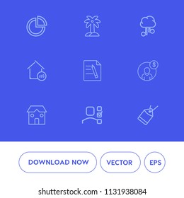 Modern, simple vector icon set on blue background with office, estate, tag, paper, sign, construction, money, document, tropical, network, price, connection, real, tree, financial, account, leaf icons