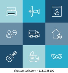 Modern, simple vector icon set on colorful blue backgrounds with plane, musical, highway, television, profile, guitar, aircraft, delete, furniture, left, bed, move, home, military, masquerade icons