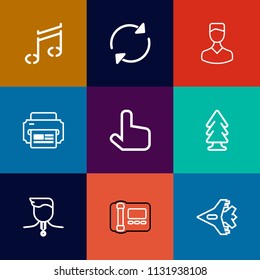 Modern, simple vector icon set on colorful flat backgrounds with success, melody, graphic, note, forest, jet, business, phone, environment, office, competition, human, plane, button, refresh icons