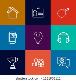 Modern, simple vector icon set on colorful flat backgrounds with bomb, id, identification, mobile, sign, telephone, business, email, personal, war, competition, mail, worker, security, document icons