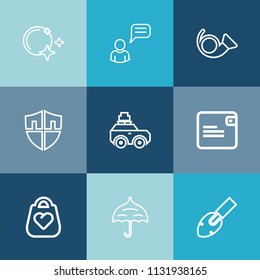 Modern, simple vector icon set on colorful blue backgrounds with protection, shield, bugle, moonlight, star, sound, equipment, fashion, leather, bag, musical, person, dollar, umbrella, style icons