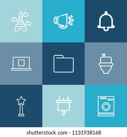 Modern, simple vector icon set on colorful blue backgrounds with profile, machine, speaker, tower, equipment, eiffel, plug, notification, bell, europe, appliance, france, voice, alert, alarm, wc icons