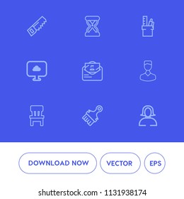 Modern, simple vector icon set on blue background with post, object, home, comfortable, avatar, stationery, business, watch, envelope, hourglass, minute, lady, construction, young, woman, cloud icons
