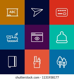 Modern, simple vector icon set on colorful flat backgrounds with web, landscape, money, travel, bank, blackboard, equipment, railway, head, nature, chalkboard, send, empty, computer, paper, cap icons