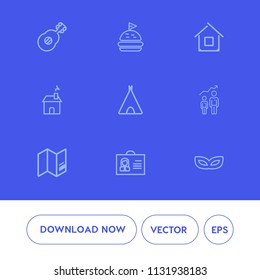 Modern, simple vector icon set on blue background with architecture, bread, tent, personal, growth, woman, real, estate, meat, concert, success, carnival, property, house, dinner, music, mask icons