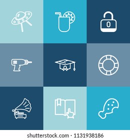 Modern, simple vector icon set on colorful blue backgrounds with hand, education, ring, spaceship, technology, open, drink, book, gramophone, retro, water, protection, equipment, flying, machine icons