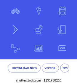 Modern, simple vector icon set on blue background with message, ice-cream, fuel, screen, leather, vanilla, cycle, speech, transportation, travel, gas, bicycle, transport, sweet, sign, pedal, bag icons