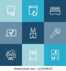 Modern, simple vector icon set on colorful blue backgrounds with health, web, school, read, bird, literature, uniform, bedroom, movie, click, retro, tool, camera, tripod, website, study, wrench icons