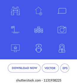 Modern, simple vector icon set on blue background with estate, beach, talk, storage, surgeon, technology, dirt, equipment, wheel, real, lens, property, construction, industrial, ocean, speech icons