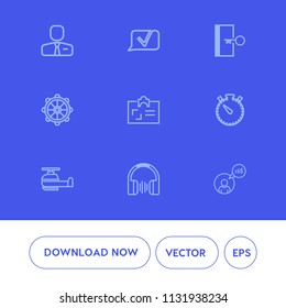Modern, simple vector icon set on blue background with timer, sign, audio, communication, personal, card, sound, id, chat, rudder, employee, employer, wheel, clock, ship, safety, exit, watch icons