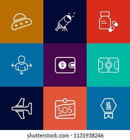 Modern, simple vector icon set on colorful flat backgrounds with direction, soccer, finance, spaceship, telescope, alien, space, science, ufo, watching, fiction, wallet, purse, pitch, label, sky icons