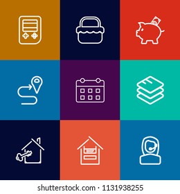 Modern, simple vector icon set on colorful flat backgrounds with map, grass, coin, business, money, internet, home, technology, time, background, route, button, navigation, nature, arrow, picnic icons