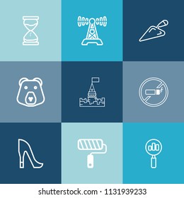 Modern, simple vector icon set on colorful blue backgrounds with hourglass, sand, fashion, magnifying, roll, brush, roller, building, tower, animal, addiction, wild, medieval, broadcast, female icons