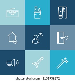 Modern, simple vector icon set on colorful blue backgrounds with alarm, care, white, office, business, wizard, escape, network, brush, object, communication, web, house, paper, musical, computer icons