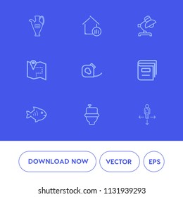 Modern, simple vector icon set on blue background with interior, property, ceramic, sea, sign, toilet, road, growth, investment, place, decoration, pin, travel, table, graph, restroom, object icons