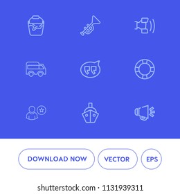 Modern, simple vector icon set on blue background with trumpet, clean, direction, transport, loud, container, instrument, ring, speaker, household, jazz, vessel, inflatable, sea, loudspeaker icons