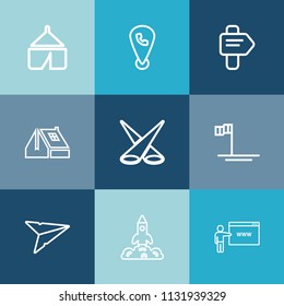 Modern, simple vector icon set on colorful blue backgrounds with scene, travel, window, rocket, backdrop, background, outdoor, baja, way, road, hiking, sign, send, arrow, go, camp, beach, space icons