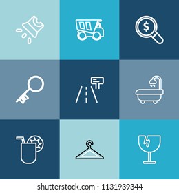 Modern, simple vector icon set on colorful blue backgrounds with equipment, shattered, movie, lorry, dumper, screen, white, road, drink, concept, cocktail, traffic, window, tipper, summer, video icons