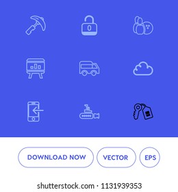 Modern, simple vector icon set on blue background with internet, open, house, construction, bus, sea, pin, unlock, game, direction, heavy, sign, template, left, key, machinery, ball, safety icons