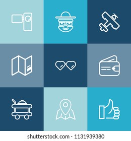 Modern, simple vector icon set on colorful blue backgrounds with video, fashion, lens, sunglasses, location, food, map, happy, success, travel, money, airplane, cartoon, good, cash, up, smile icons