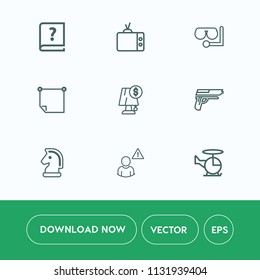 Modern, simple vector icon set on white background with mask, chess, strategy, author, writer, pistol, office, profile, lamp, old, unknown, transportation, transport, handgun, chessboard, light icons