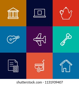 Modern, simple vector icon set on colorful flat backgrounds with plane, door, drink, musical, guitar, security, banking, aircraft, web, finance, island, financial, building, snorkel, profile icons