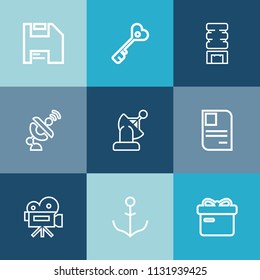 Modern, simple vector icon set on colorful blue backgrounds with picnic, cooler, box, personal, computer, nautical, earth, printer, global, ship, drink, sign, video, safe, holiday, internet, id icons