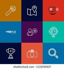 Modern, simple vector icon set on colorful flat backgrounds with competition, white, sign, strike, sport, globe, winner, navigation, hair, championship, hit, fan, maintenance, road, work, hobby icons