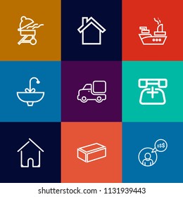 Modern, simple vector icon set on colorful flat backgrounds with home, lorry, internet, building, grilling, transportation, work, cooking, material, estate, food, grill, cellphone, grilled, ship icons