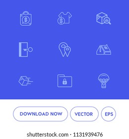 Modern, simple vector icon set on blue background with extreme, construction, store, sign, escape, bag, transportation, package, cost, safety, exit, market, tag, delivery, report, price, door icons