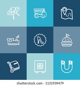 Modern, simple vector icon set on colorful blue backgrounds with vehicle, lorry, space, baggage, luggage, security, safety, pole, pin, lunch, technology, sandwich, airport, bank, lock, travel icons