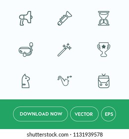 Modern, simple vector icon set on white background with timer, sea, announce, loudspeaker, horse, snorkel, music, speaker, brass, orchestra, clock, bugle, time, magician, style, trumpet, message icons