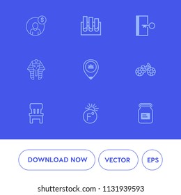 Modern, simple vector icon set on blue background with investment, research, egyptian, job, fahrenheit, analysis, bike, culture, pharaoh, money, cycle, wheel, chair, location, concept, finance icons